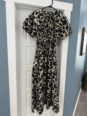 J. Crew Black and Cream Floral Smocked Maxi Dress